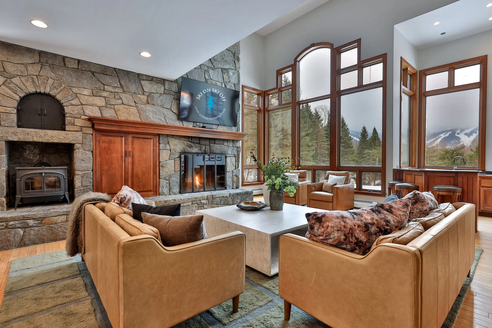 The great room and its stone fireplace